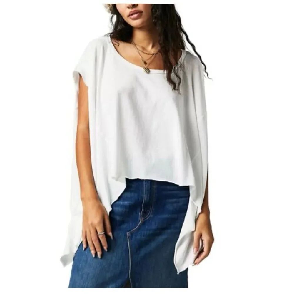 Free People White Angel Flowy Boho T-Shirt sz L NWOT